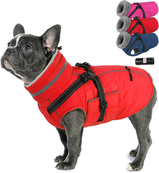 Built-in Harness Dog Jacket with Warm Fleece Lining