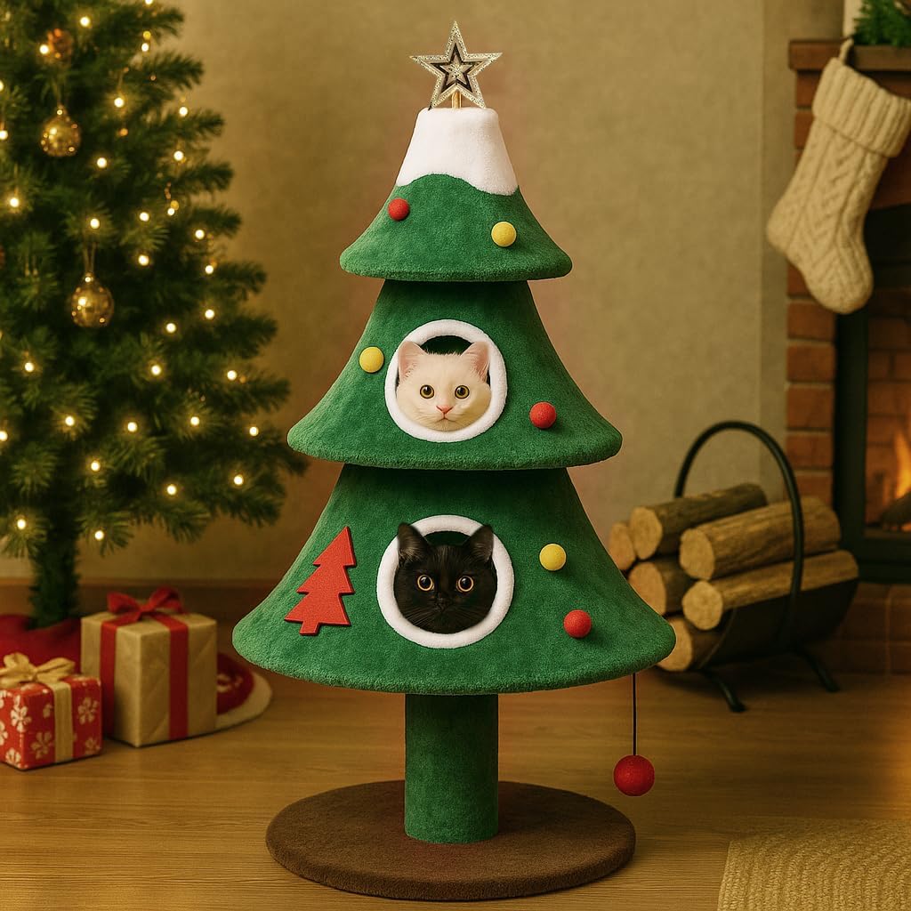 Christmas Cat Tree with 2 Cozy Houses