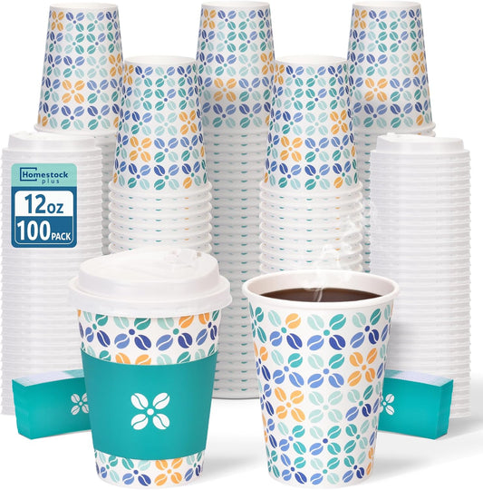12 oz Disposable Coffee Cups with Lids 100 Pack