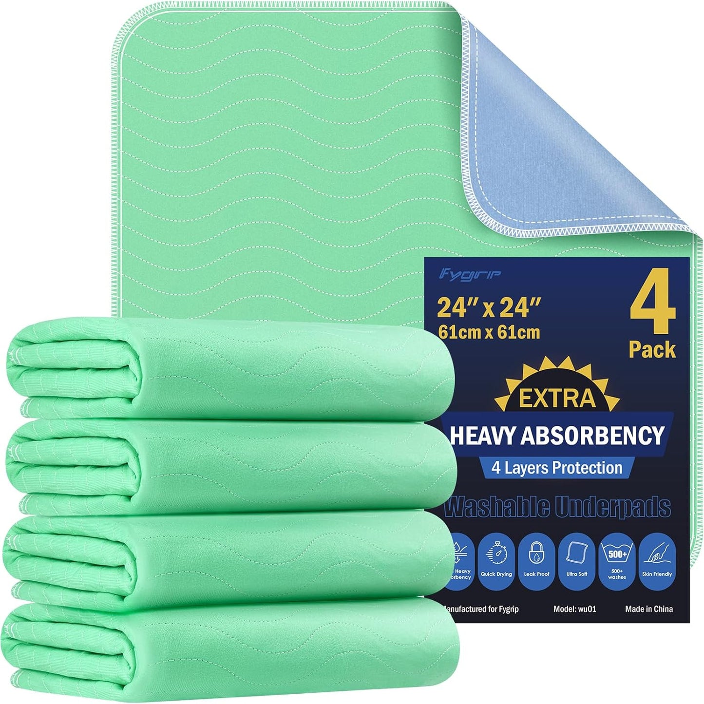 4 Pack 24” x 24” Extra Heavy Absorbency Washable Underpads