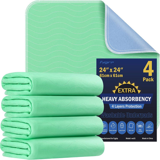 4 Pack 24” x 24” Extra Heavy Absorbency Washable Underpads